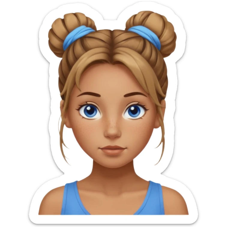 Attractive Woman with tan skin, wide face, freckles, messy bun hairstyle, and blue eyes sticker