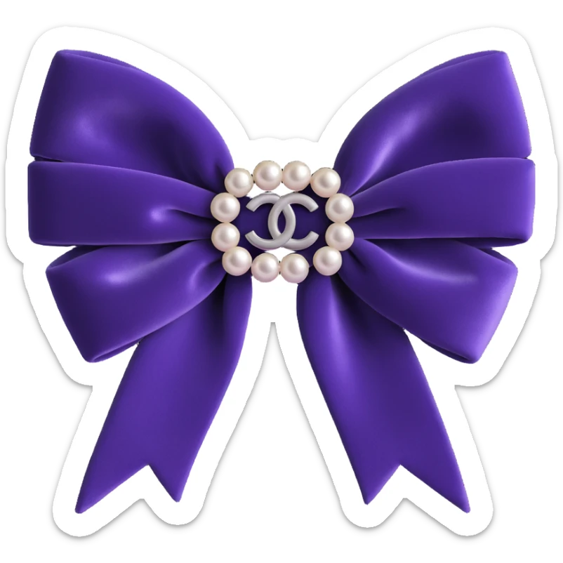 shiny velvet bow with pearls and silver Chanel logo, elegant, glossy, black and white, 3D emoji style sticker