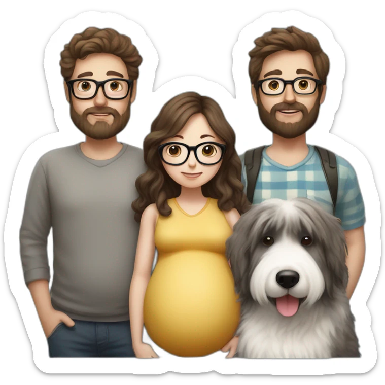 Hyperrealist pregnant girl with half long brown hair with glasses, a boy with long beard, glasses and short hair and english sheepdog sticker