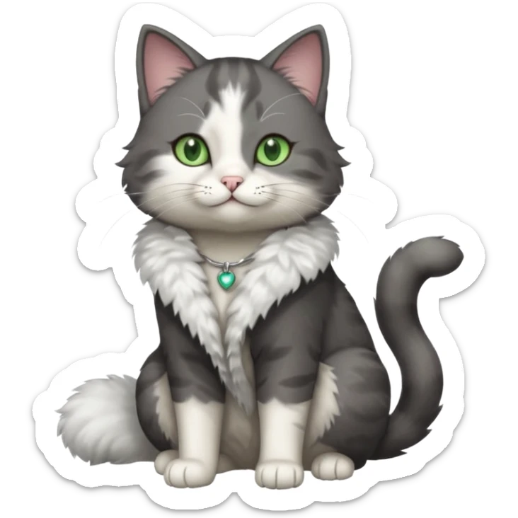 full body view of beautiful female solid dark grey cat with green eyes, white toes/paws and white patch on her chest sticker