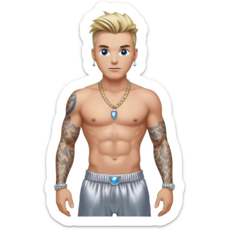 Vanilla Ice with blue eyes, dark blonde hair, shirtless with necklace, metallic silver harem pants  sticker