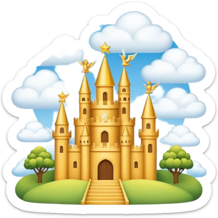 heaven with clouds everywhere, golden castles, and happy angels flying in emoji style sticker
