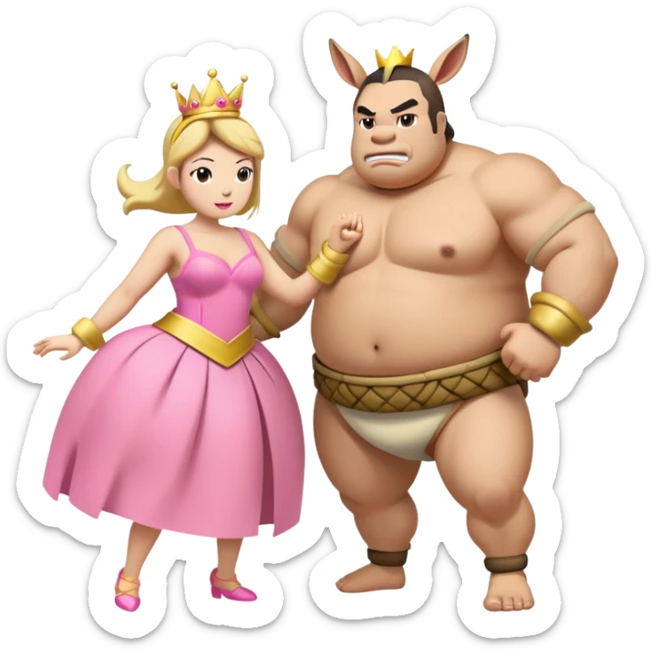 a banana dressed up like a sumo wrestler, fighting a donkey dressed up as a princess  sticker