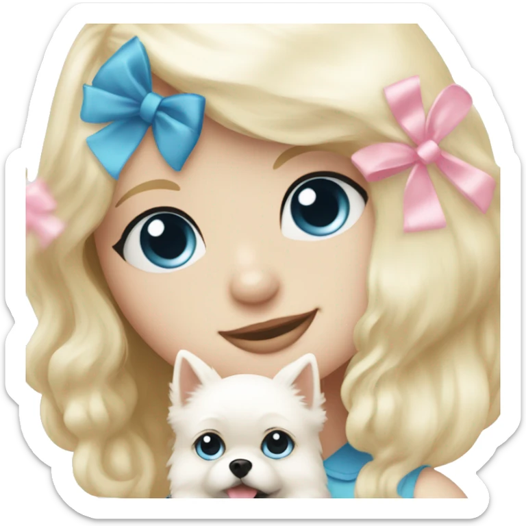 Blond girl white skin blue eyes hugging white Pomeranian with light pink bow sticker
