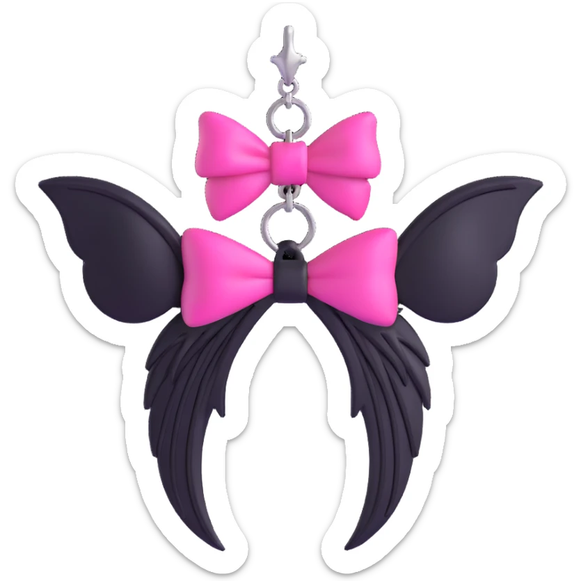 3D emoji style pink bow with gothic effect, hot pink velvet, black chain fringe, silver bat wing charm sticker