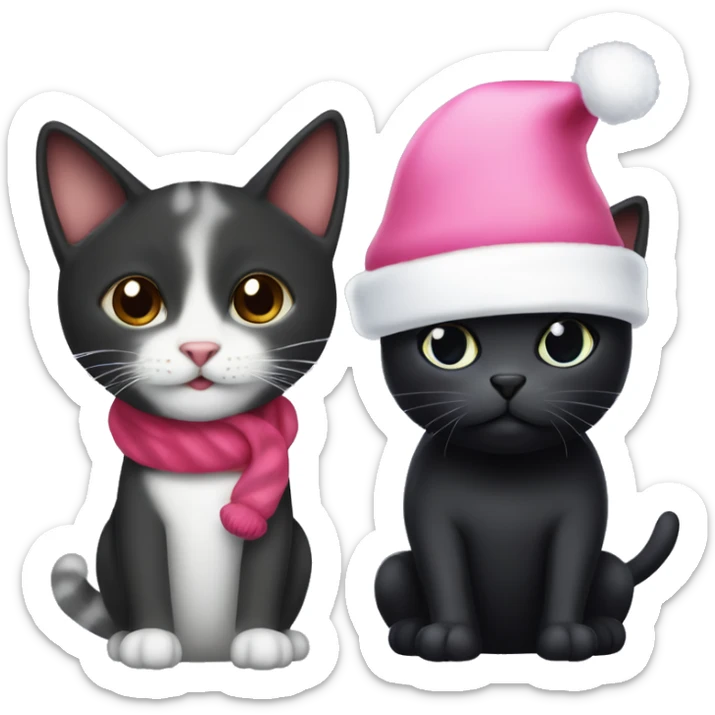 A twired baby cat with a pink Christmas hat and as a friend he has a black dog with a white belly and black snot ears and she has a red Christmas hat on sticker