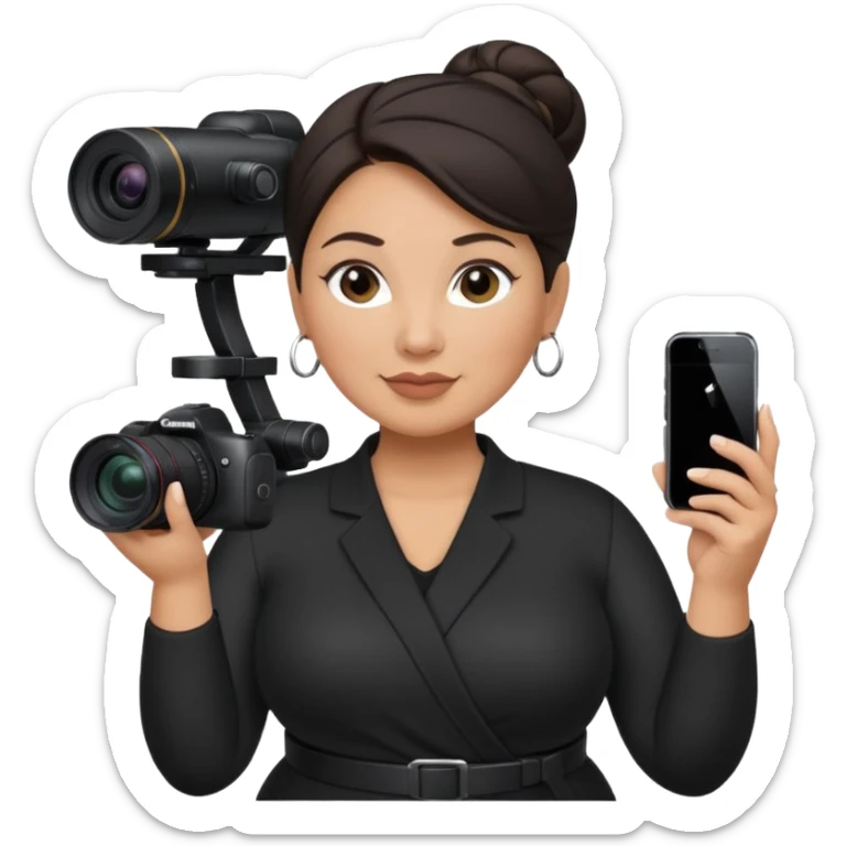 middle aged, latina plump woman photographer with dark hair, slicked back in a bun, wearing black clothes, carrying a canon r5, and an iPhone on a gimbal sticker