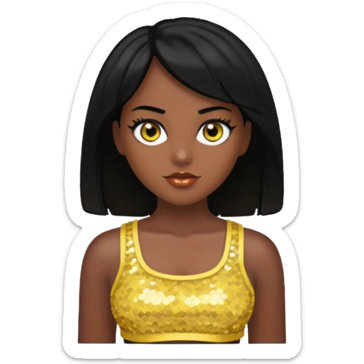 Christie from Barbie & Friends with brown eyes, black hair, yellow sequin crop top, dark skin sticker
