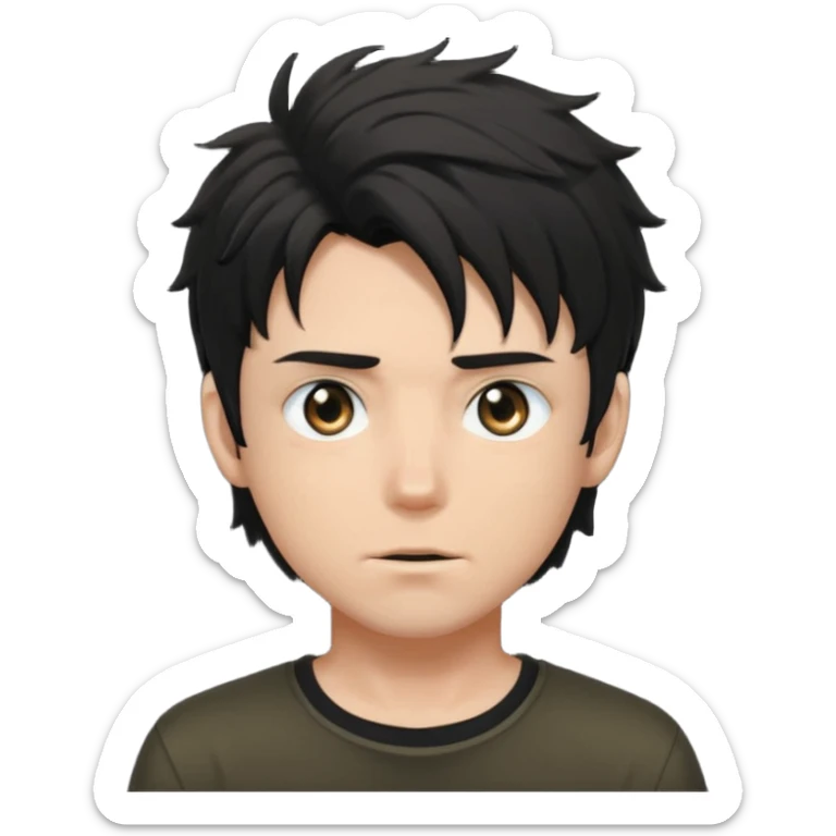 White male, black messy anime hair in his eyes, black shirt, black hunter eyes, hot  sticker
