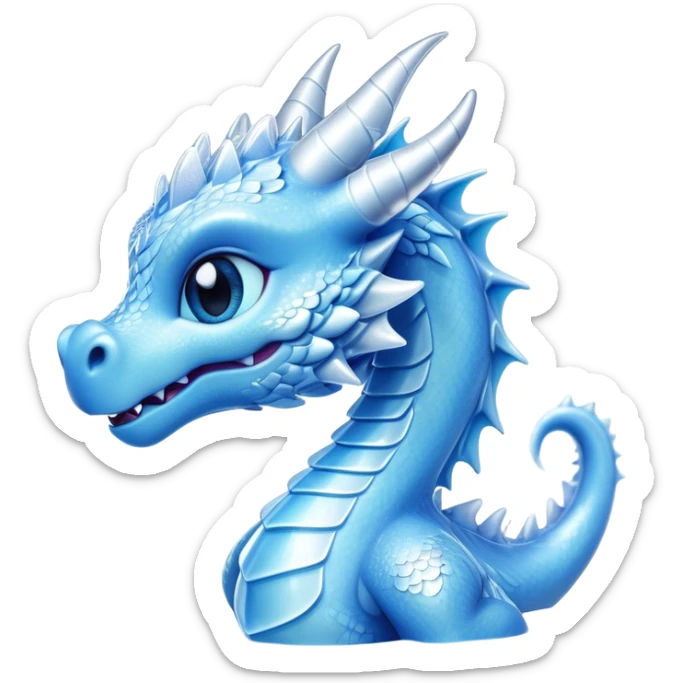 Cinematic Cute Beautiful Ice Dragon Portrait Emoji, Head tilted playfully and inquisitively, featuring a sleek, glacial form with intricately detailed, frost-kissed scales in shimmering blues and sparkling silver, accented by delicate ice crystal patterns and a gentle, enchanting glow; rendered with lifelike clarity and soft, natural light, high shine, charming and cool, styled with a touch of wintry fantasy, soft glowing outline, capturing the essence of a mischievous yet endearing ice guardian poised to twirl playfully into your dreams! sticker