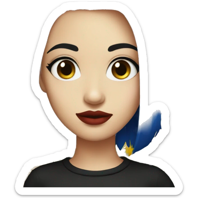 female emoji with dark blue hair, nose piercing, sunflower colored eyes, white skin, red lips, wearing black shirt  sticker