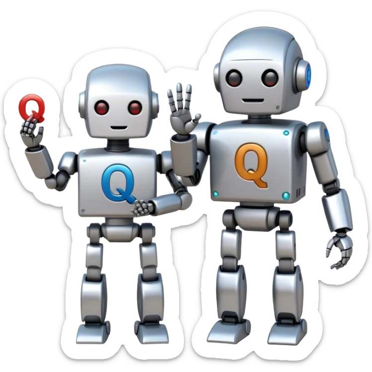 The robot holds the letter A in its left hand and the letter Q in its right hand. On the robot's body is the word Nghĩa. sticker