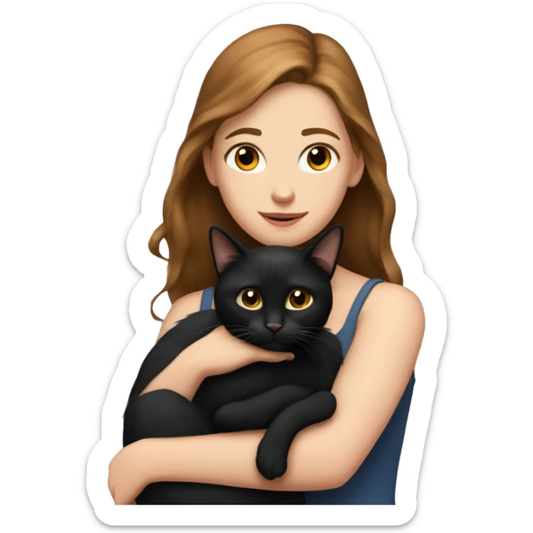 A white girl with brown hair is holding a black cat in her arms sticker