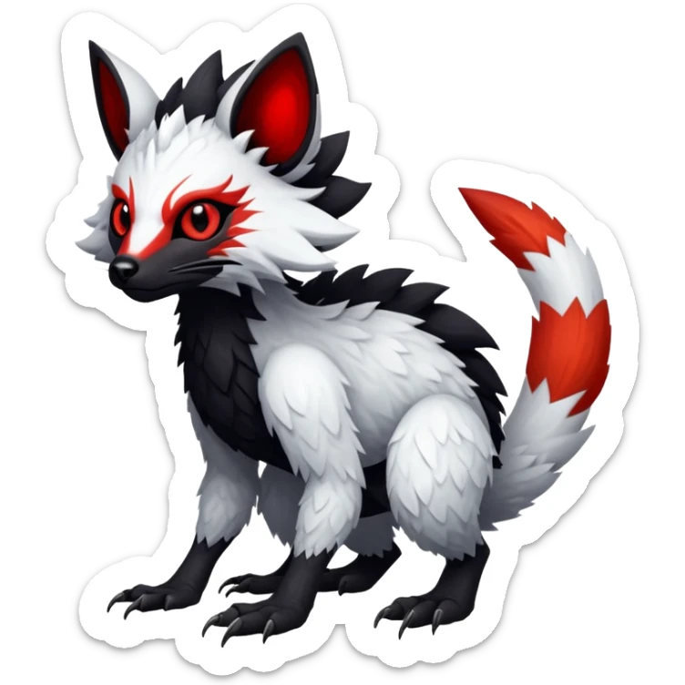 a white exotic edgy vernid-fionbr-Fakémon-creature, with black belly and red eyes, full body sticker