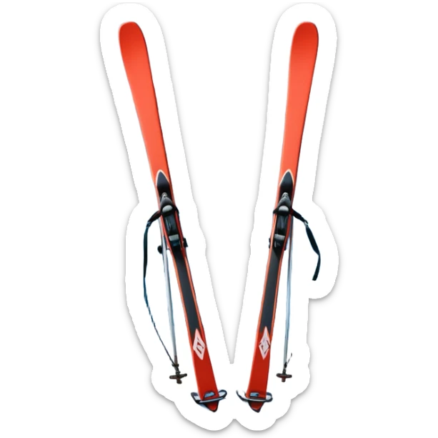 An icon featuring a pair of skis and ski poles in the foreground, set against a picturesque snow-covered slope. The background includes snowy peaks and evergreen trees, symbolizing the excitement and beauty of winter sports. Transparent background highlights the thrill of skiing and snowboarding. sticker