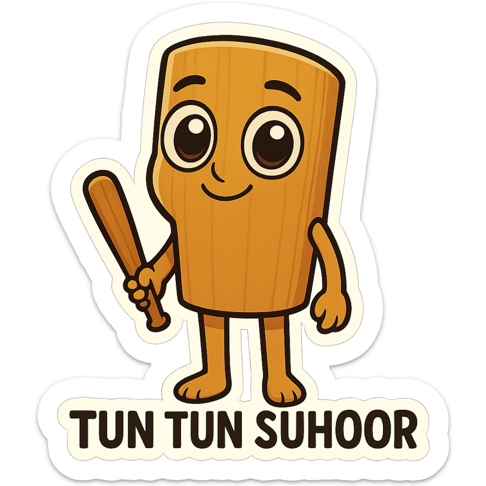 Chibi emoji of Tun Tun Suhoor, wooden stick body, smooth brown texture, big cartoon eyes on the stick, small smile, human arms and legs, holding a wooden bat, absurd and funny meme style, no text sticker