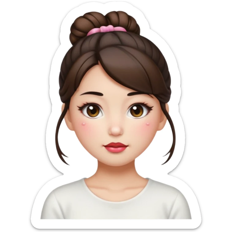 “japanese style Emoji brunette girl hair in bun white top, dewy skin, heavy blush across cheeks and nose bridge, glossy cherry lips, soft eyeliner, teary sparkling eyes sticker