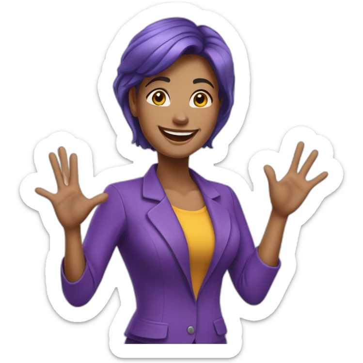 Bussiness woman saying hello and giving five with happy face  in purple clothes  sticker
