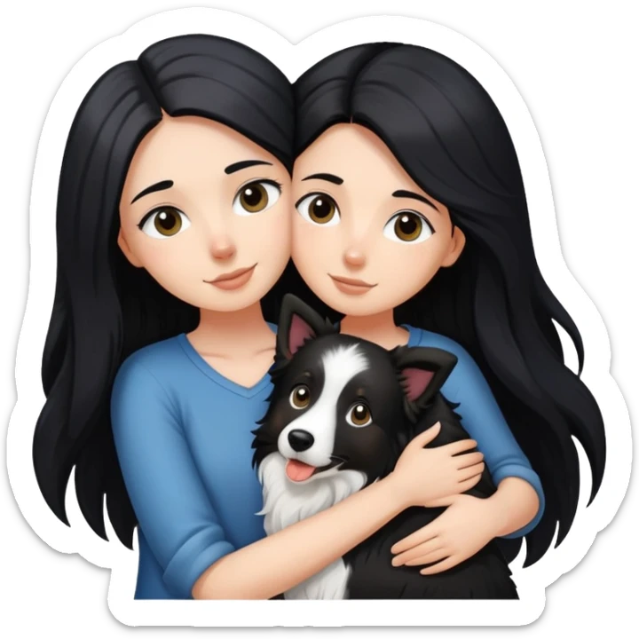 A white girl with long black  hair tightly hugged a Border Collie sticker