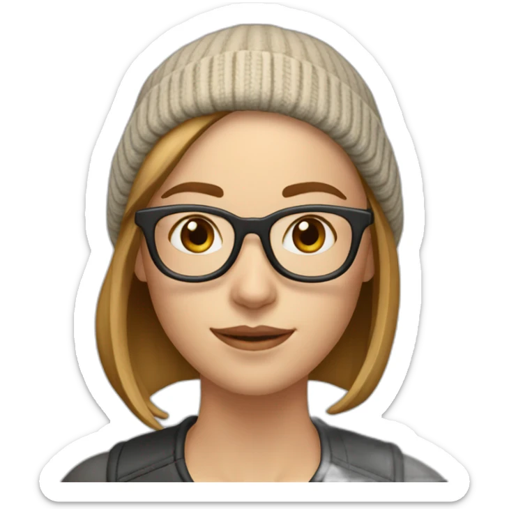 30 year old white woman short straight light brown hair with a beanie on her heard and glasses sticker