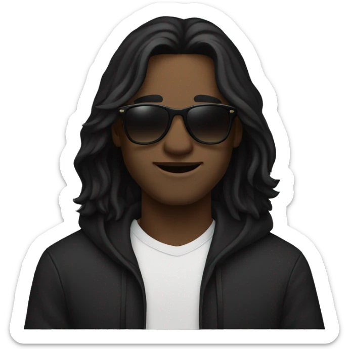 Man with dark skin, with sunglasses glasses, with long black hair, wearing a black hoodie, waving sticker
