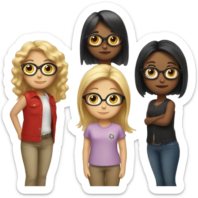 Three Girls, one with blonde Long hair, one with Black Short hair, one with red middle Long hair and glasses  sticker