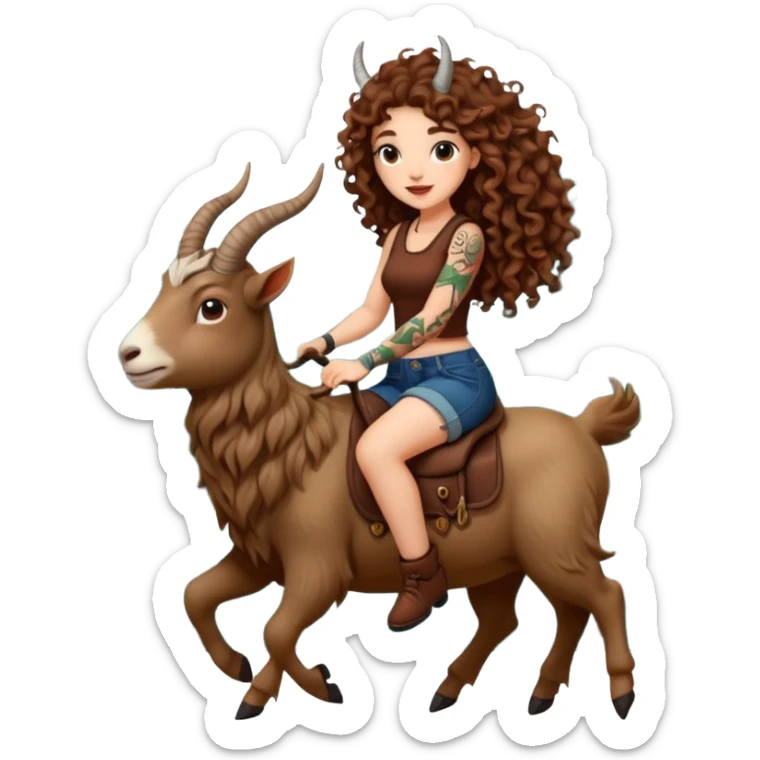cute woman long curly brown hair tattoos riding forest goat sticker