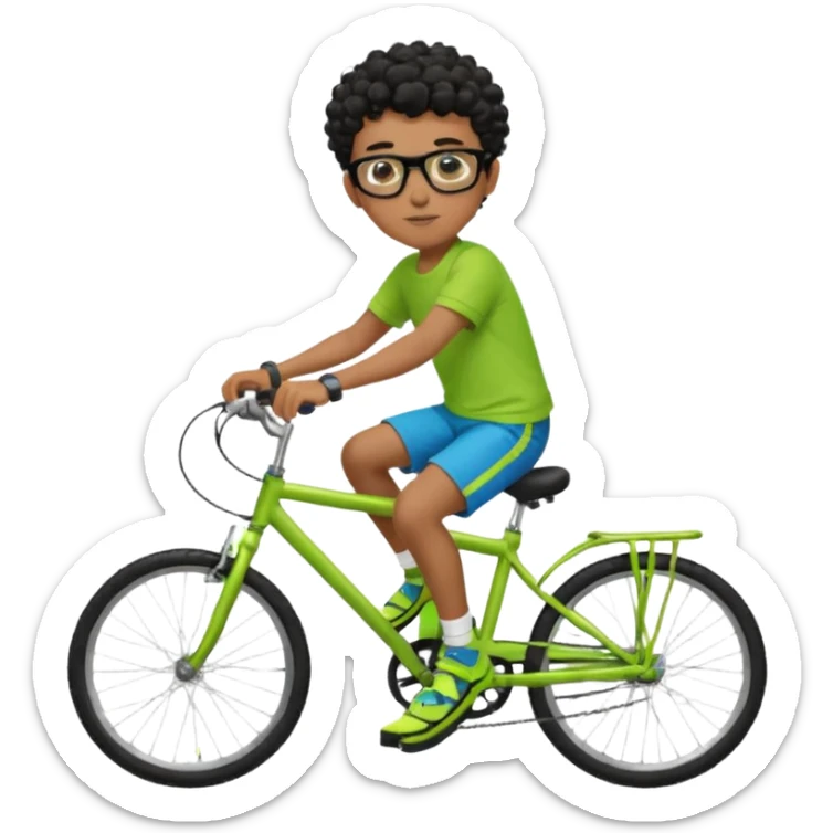 Menino pardo com cabelo curto cacheado preto raspado dos lados, de óculos preto quadrado e blusa verde e amarela bermuda preta e chinelo azul andando de biblicleta verde neon sticker