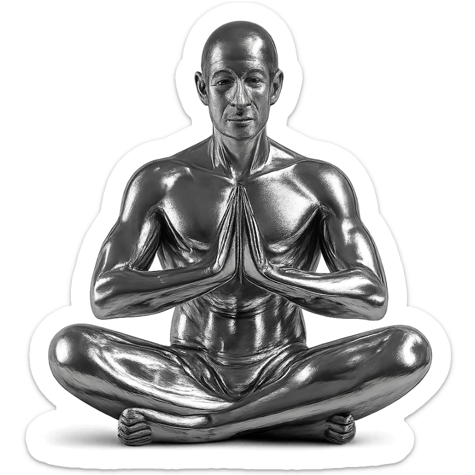 metallic chrome figure of a man meditating in the lotus position, serene and peaceful sticker