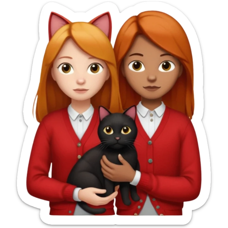 Ginger long straight hair with a red cardigan holding a  1 black cat with a white shirt under the red cardigan standing whith a boyfreind sticker