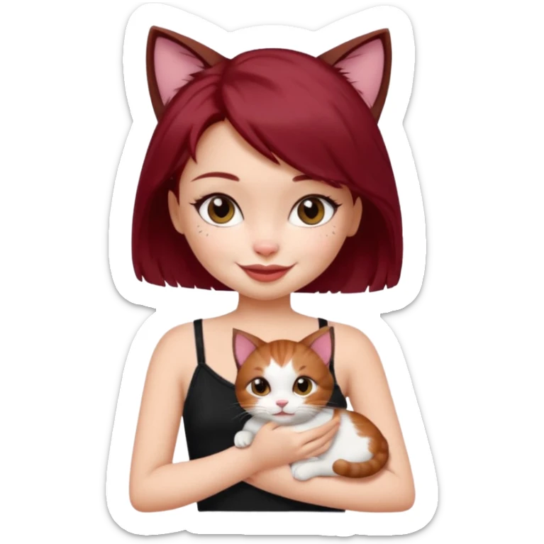 generate a pretty bratz girl with short dark red hair holding a cat smiling. Wearing a black cami sticker