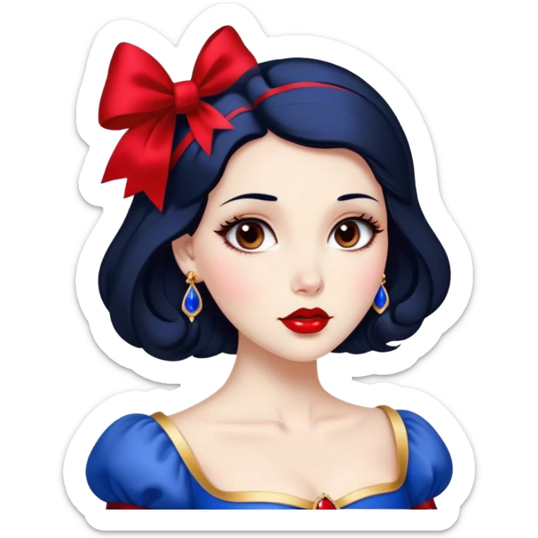 Cinematic Stunning Snow White Portrait Emoji, Fair skin glowing like porcelain, ruby-red lips, deep brown eyes full of kindness, raven hair framed by her iconic red bow, wearing her royal blue and gold gown, exuding timeless beauty and grace! sticker