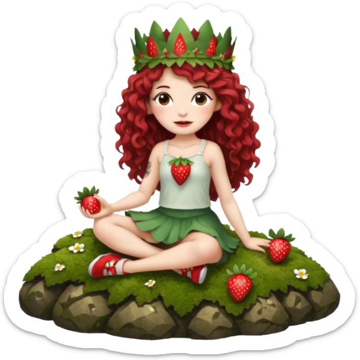 full body woman long curly brown hair brown eyes white skin tattoos sitting on moss rock wearing strawberry crown and short petal skirt sticker