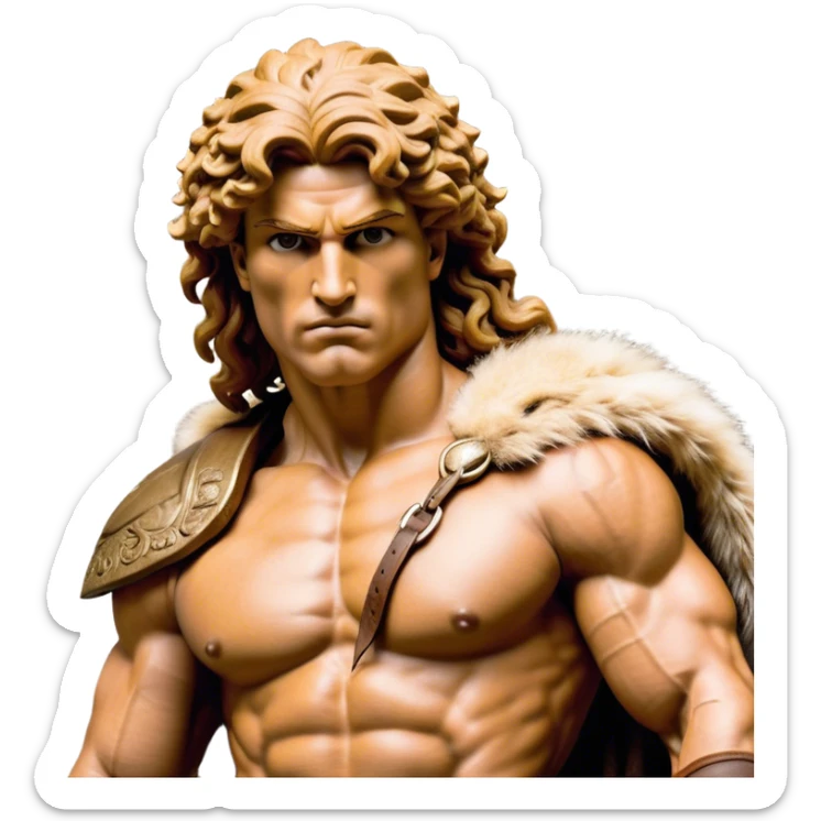 Cinematic Realistic Barbarian Hercules Portrait, depicted as a fierce Greek hero with the chiseled features of Michelangelo's David. His light tan, sculpted skin glows with timeless strength, and his thick, curly, golden brown hair cascades in wild, untamed curls reminiscent of a warrior’s mane. Instead of a flowing white robe with golden accents and a laurel wreath, he wears rugged, weathered leather and fur garments—a tattered, fur-trimmed cloak draped over broad shoulders and a simple circlet forged from iron and bone. His intense, determined eyes exude savage nobility, all rendered under dynamic natural lighting with a mythic, raw, radiant glow. sticker