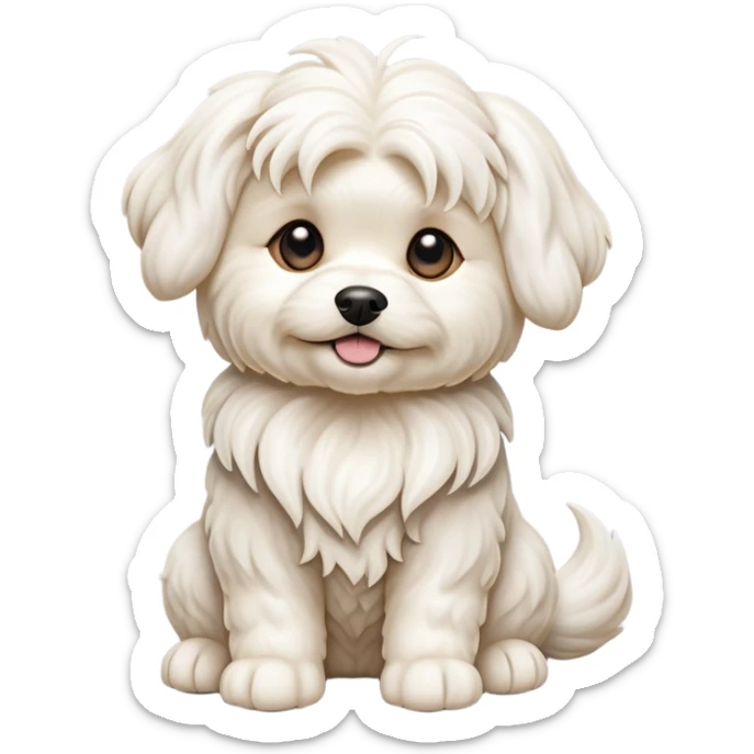 detailed-[wavy haired maltese-dog]-realistic-full-body-sitting-emoji,-tail-resting-loosely-beside-its-paws,-head-tilted-dramatically,--wavy-[cream-white]-fur,-simplified-yet-realistic-focused-features,-highly-detailed,-glowing-with-an-almost-sarcastic sticker