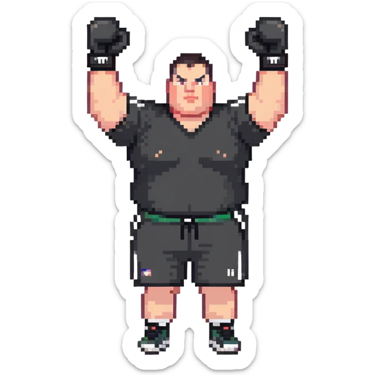 white man with dark hair, dark eyes, buzzcut faded haircut, overweight 100kg boxer, chubby face, stocky build, wearing full black clothes, black adidas boxing gloves, victory pose with arms raised, upper body only no legs visible, highly pixelated sticker