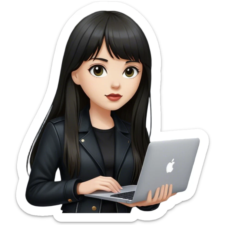 Beautiful white girl, with dark very long hair with bang, wearing black classic jacket with MacBook  sticker