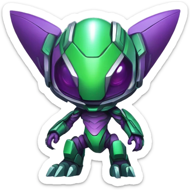 a chibi-style purple-green Genesect-Raptor-Fakémon—hybrid with a futuristic visor-helmet full body sticker