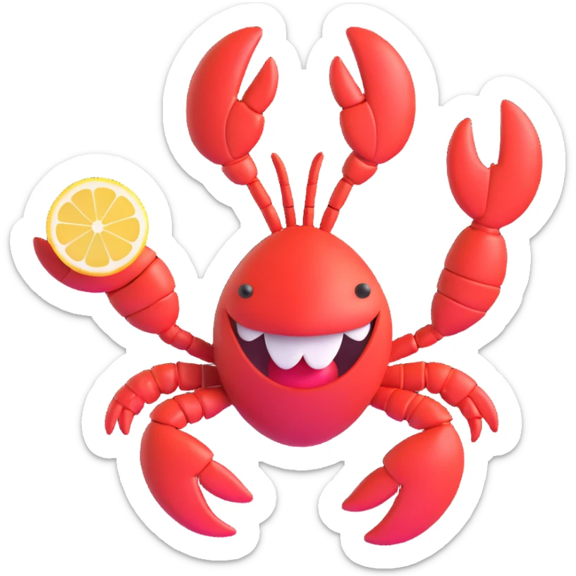 happy lobster spinning around with a lemon in its mouth, emoji style sticker