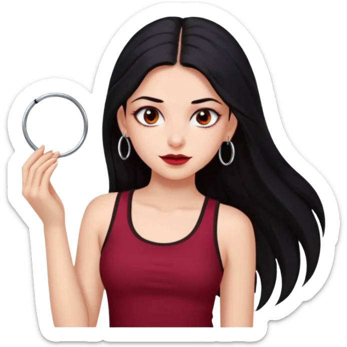 a pretty bratz fair girl with long black hair, kajal under eyes, small silver hoop. Dark cherry red tank top on.  sticker