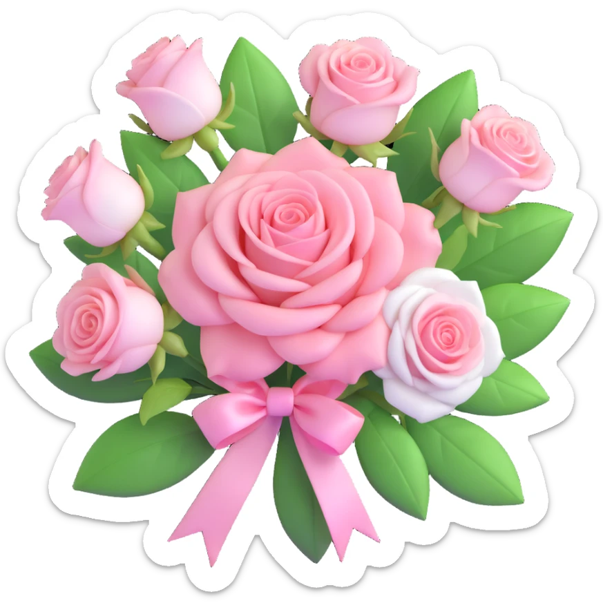 romantic bouquet of roses with green leaves, glossy, pastel pink and white petals, modern and fresh, elegant ribbon sticker