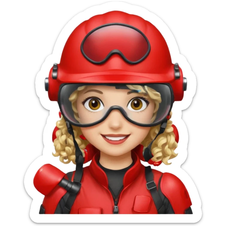 blond curly girl playing paintball with red paintball helmet with eye protection, only face sticker