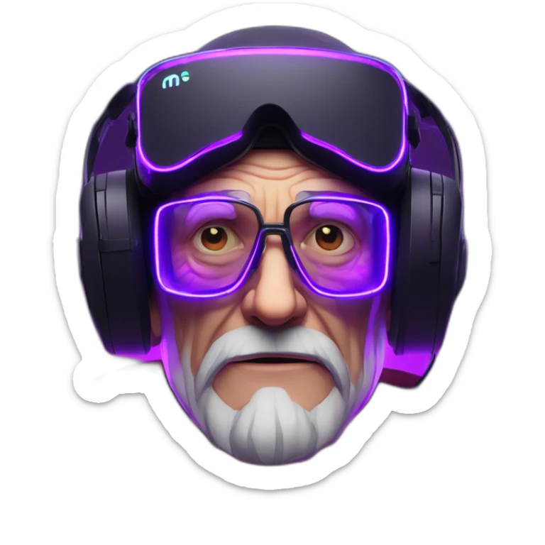 Russian old man wearing a black hoodie with "OMG" letters on it and VR headset in a cyberpunk VR environment with violet neon lighting. sticker
