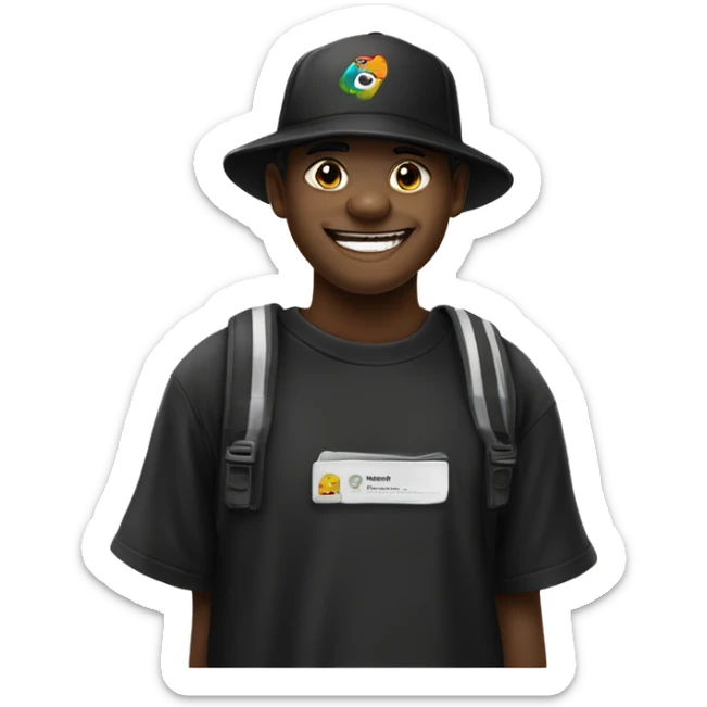 Garoto pele parda, boné preto, sorrindo, com aparelho dentario, camiseta preta, com caneta na mão e tintas de diferentes cores no fundo sticker