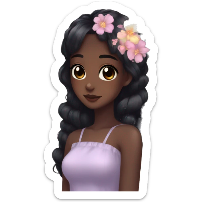 Gorgeous black hair Pastel Anime-Style dark skin Lady Butterflies flower petals kawaii aesthetic trending style sticker