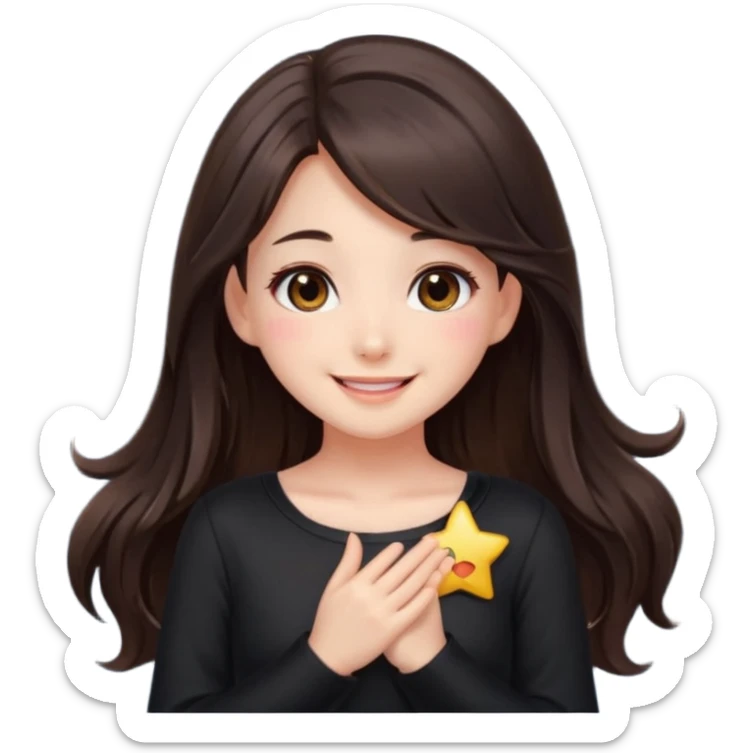 kawaii streamer girl, brunette, brown eyes, long dark hair, black outfit, smiling, sparkling eyes, blushing cheeks, happy expression, small stars around, emoji icon sticker