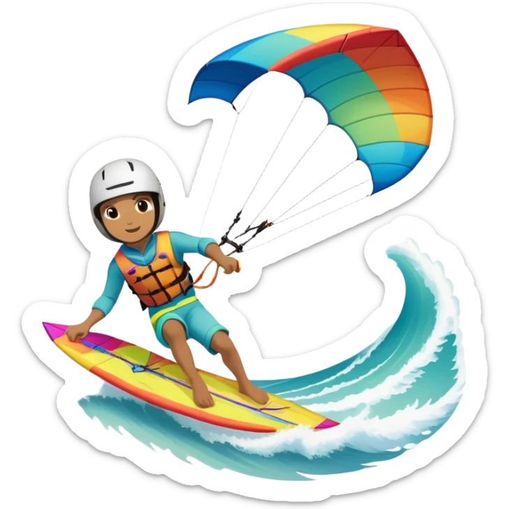 A vibrant kite soaring high in the sky, attached to a kiteboarder riding the waves below. The scene is filled with bright colors, capturing the energy of the sport. The background features the ocean, wind-blown waves, and a clear sky, showcasing the excitement and freedom of kiting. sticker