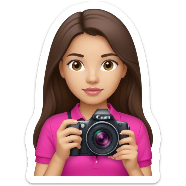 latin girl photographer with long brunette hair hot pink polo shirt and Canon camera sticker