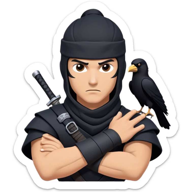 clash-of-clans-aesthetic_-cinematic-mysterious-male-ninja-portrait-emoji, rendered in a flat, vector-style with minimal shading and bold, simplified shapes, with a head slightly turned revealing intense, focused eyes. the ninja has his arm out and perched on top of his forarm is  a  giant black crow sticker