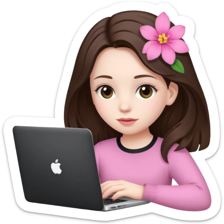 a girl with brunette hair and a pink flower clip in her hair working on a laptop sticker